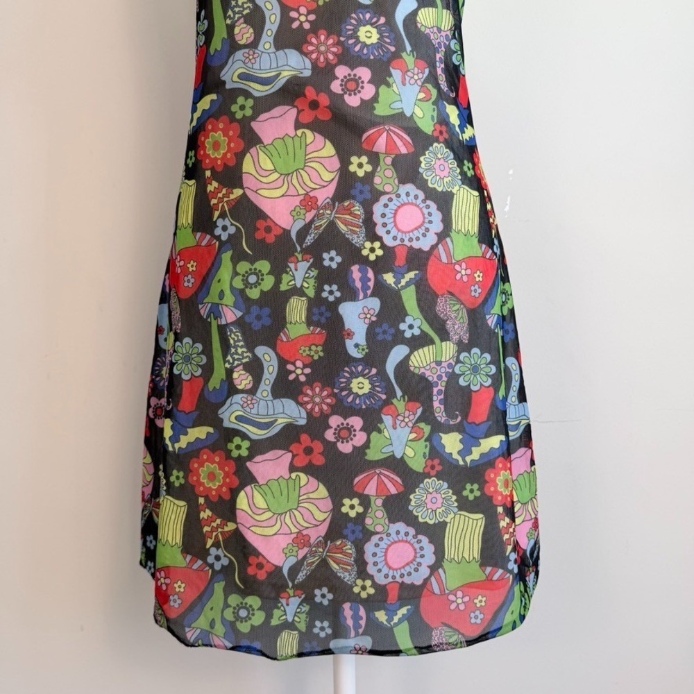 Wowo Mesh Overlay Mushroom Floral Print Slip Mini Dress XL Whimsigoth Fairy Y2K - Picture 3 of 9